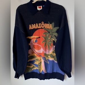 FARM RIO ANTHROPOLIGIE Navy Sweater with Tropical Parrot Design Oversized